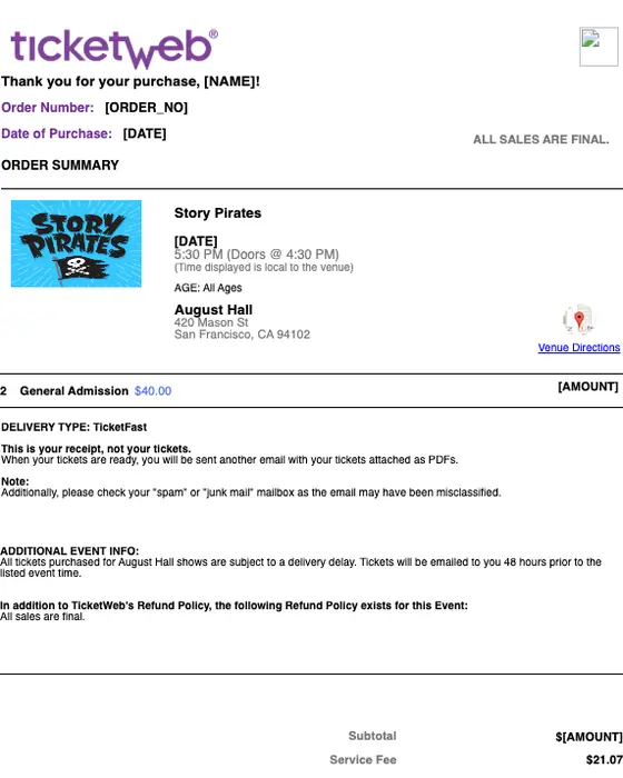 TicketWeb order confirmation email