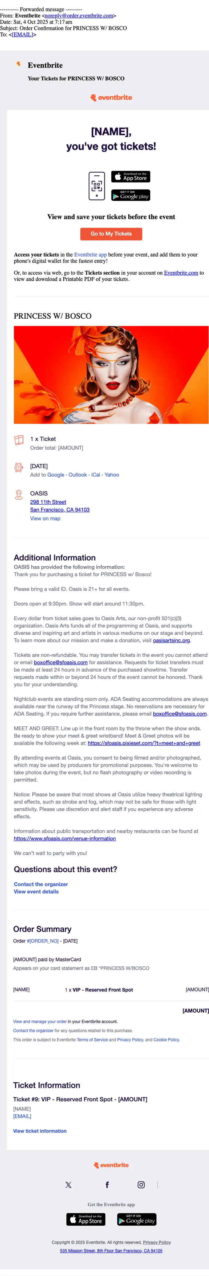 Eventbrite order confirmation email, full length