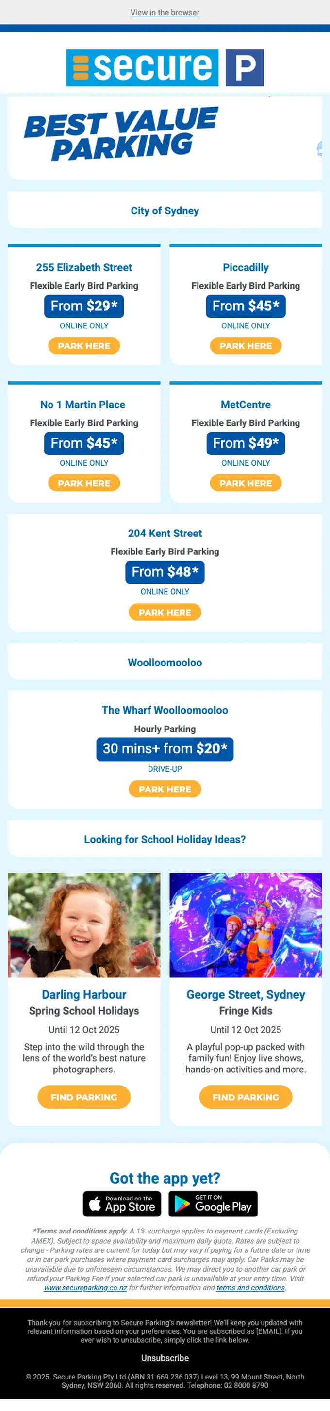 Secure Parking newsletter email, full length