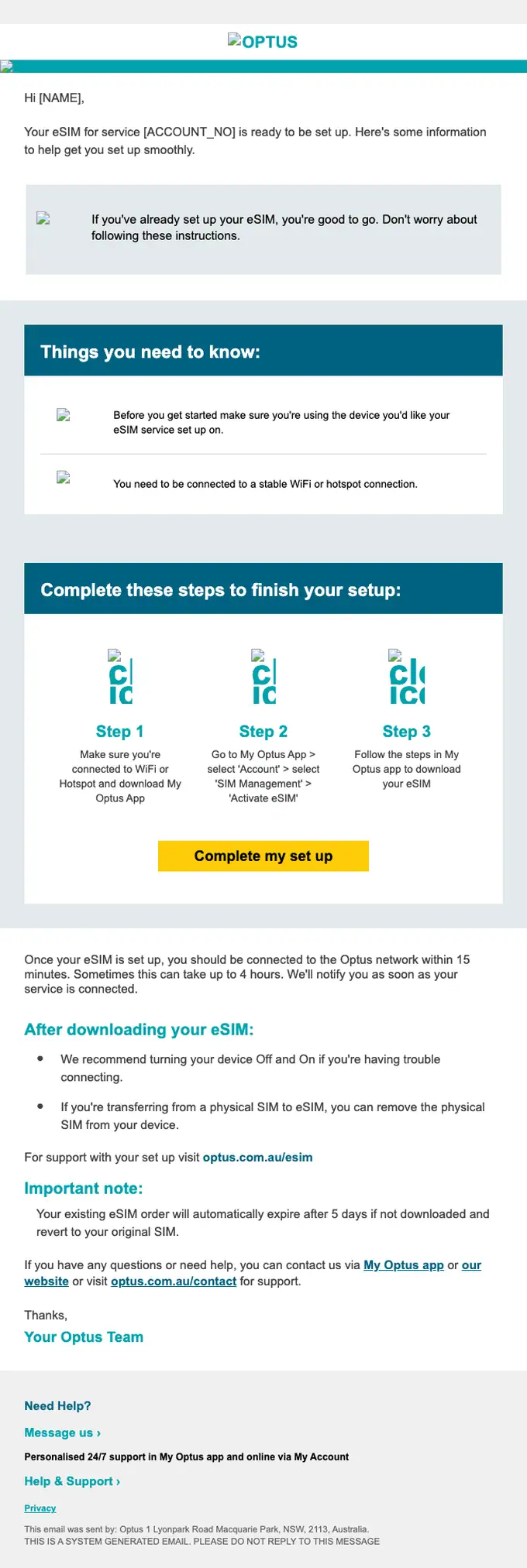 Optus account notice email, full length