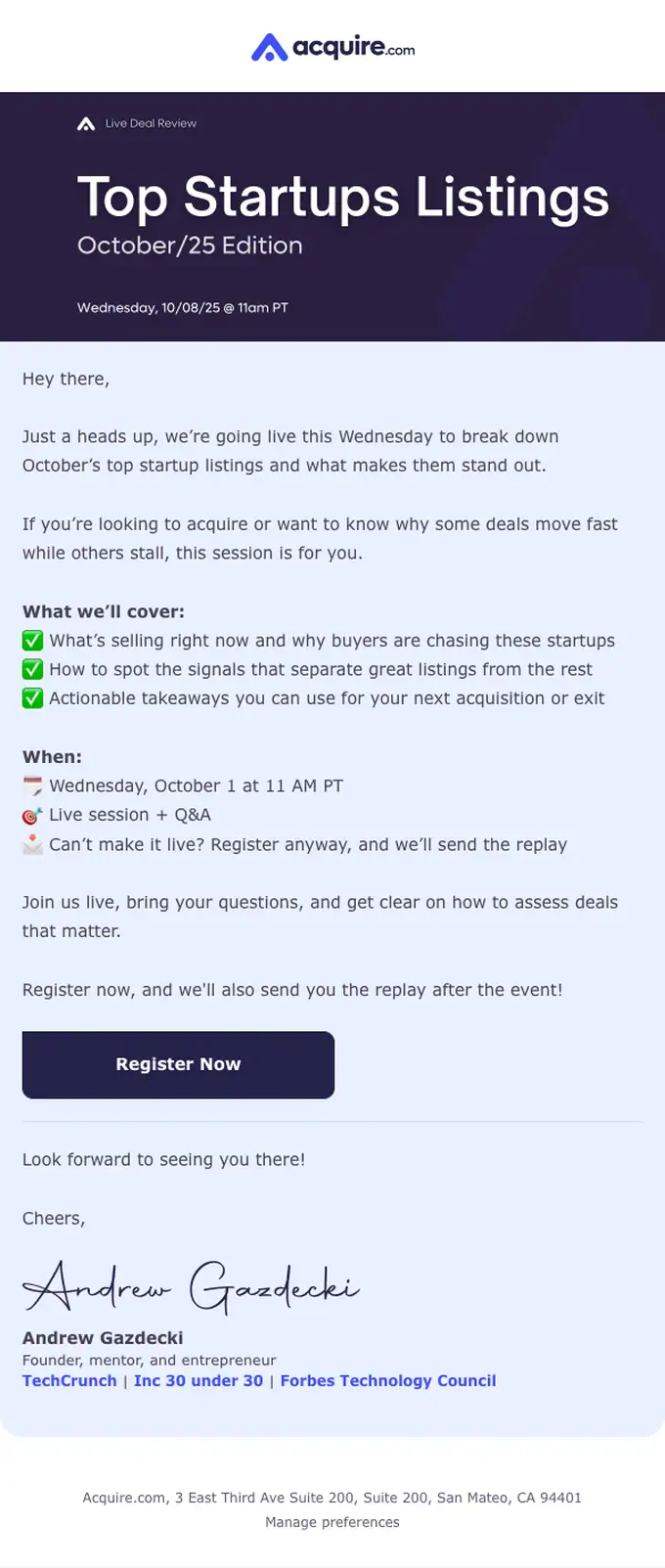 Acquire.com newsletter email, full length