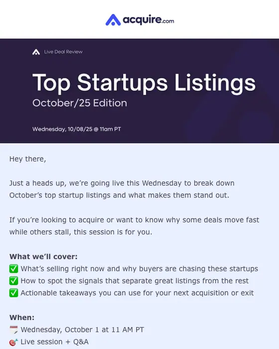 Acquire.com newsletter email