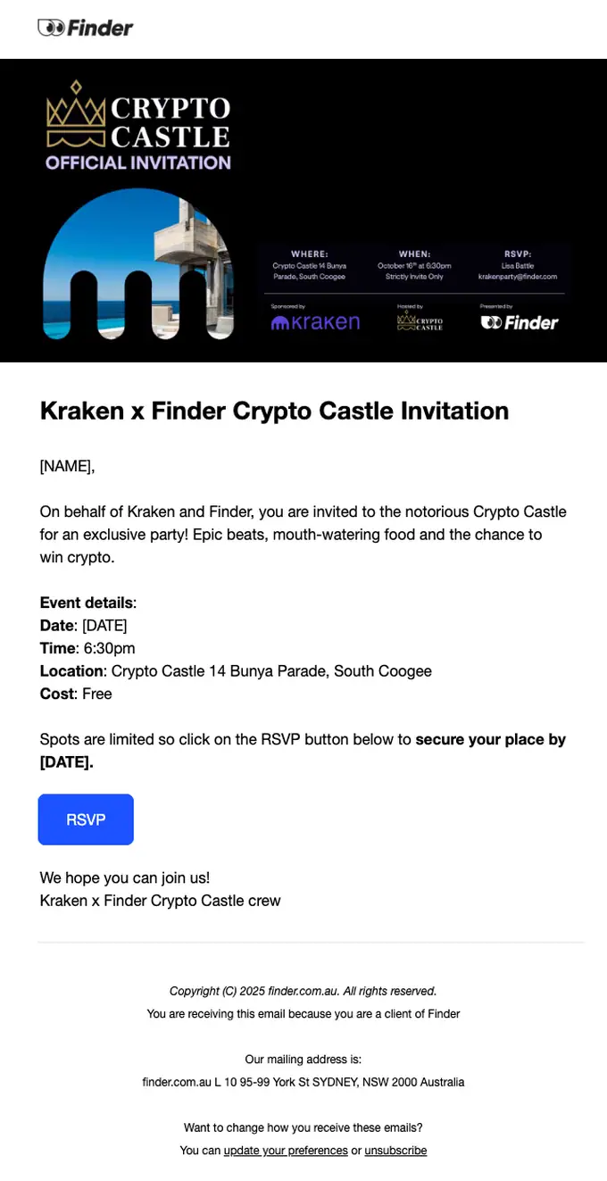 Kraken x Finder event invite email, full length