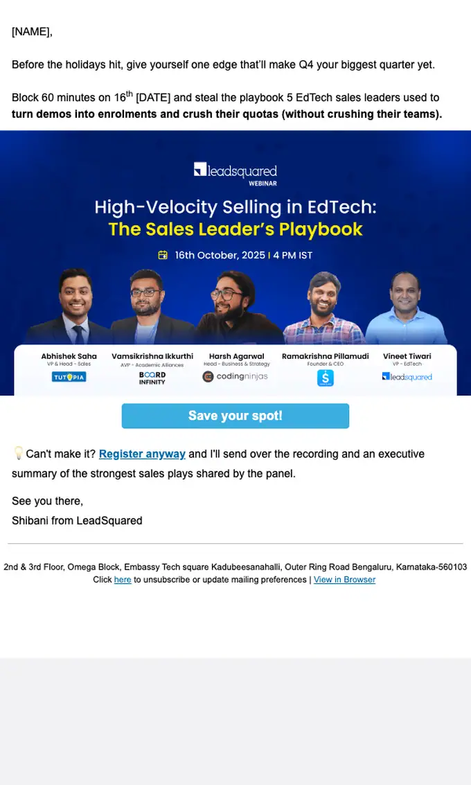 LeadSquared webinar email, full length