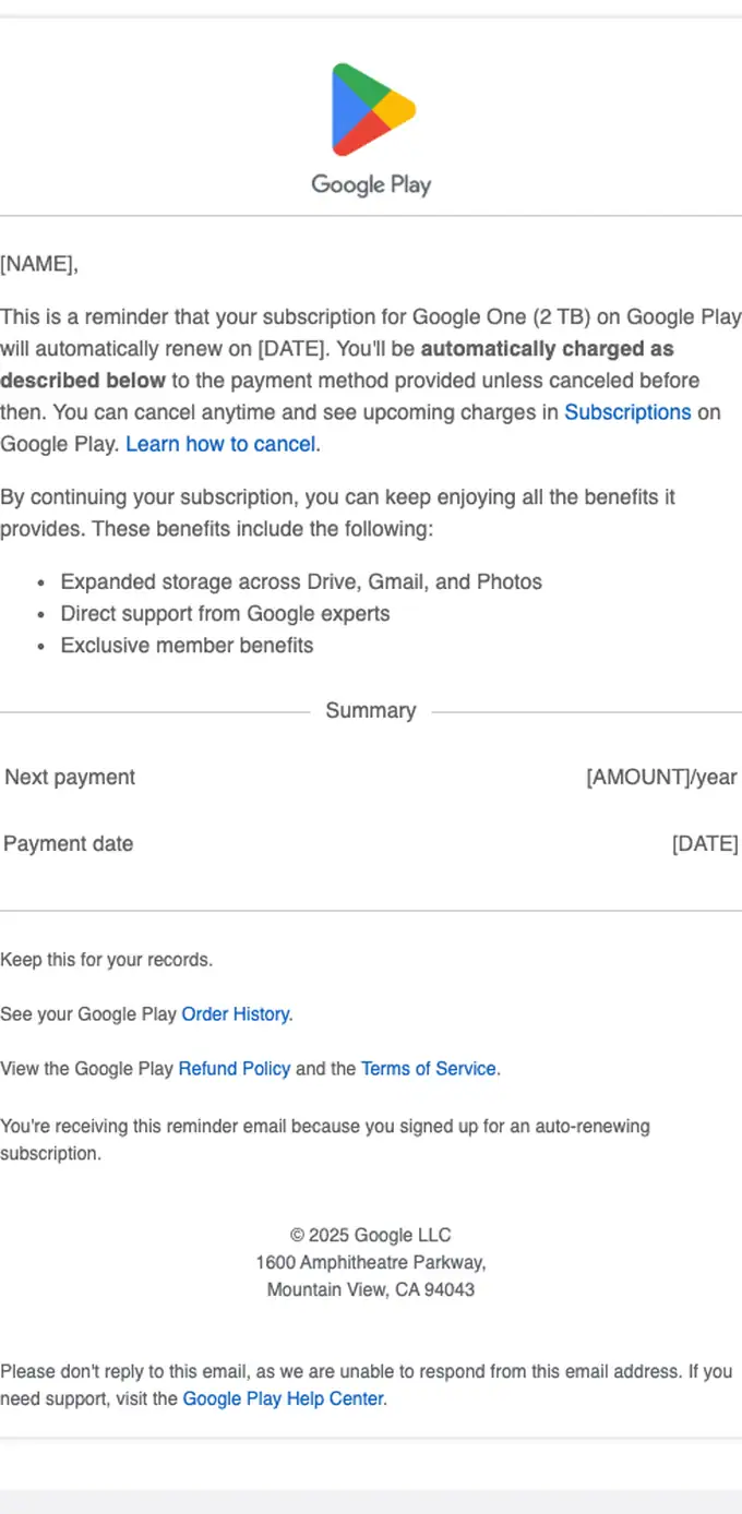 Google Play subscription email, full length