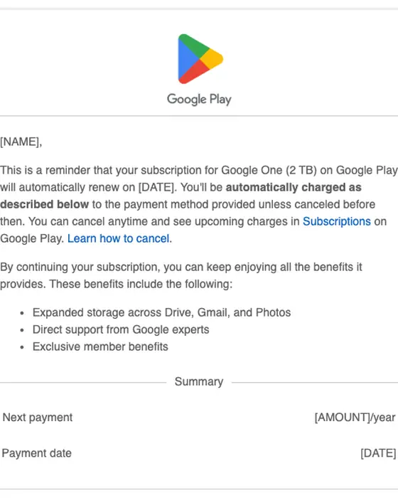 Google Play subscription email