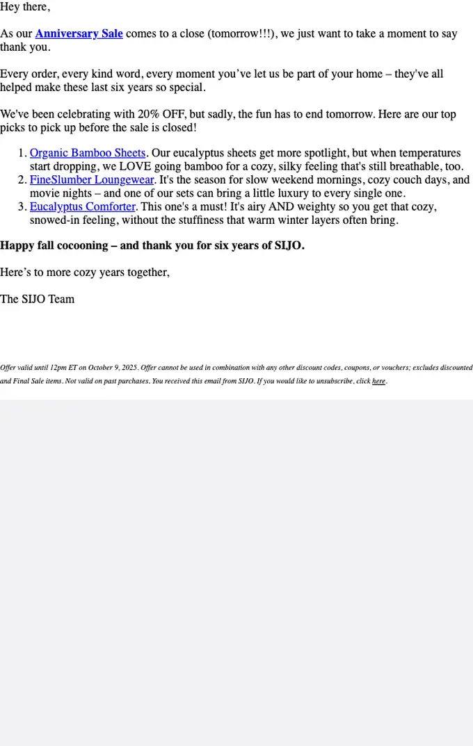 SIJO discount offer email, full length