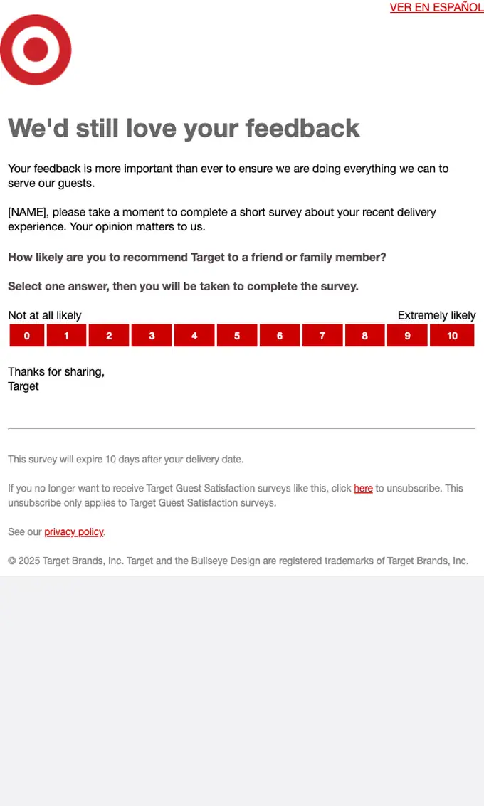 Target survey email, full length