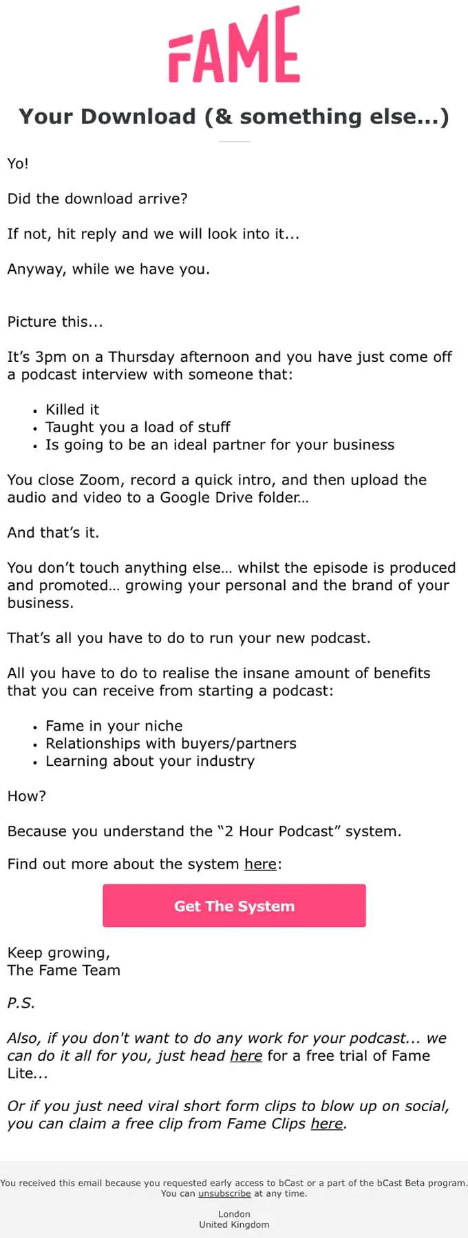 Fame Team promotional email, full length