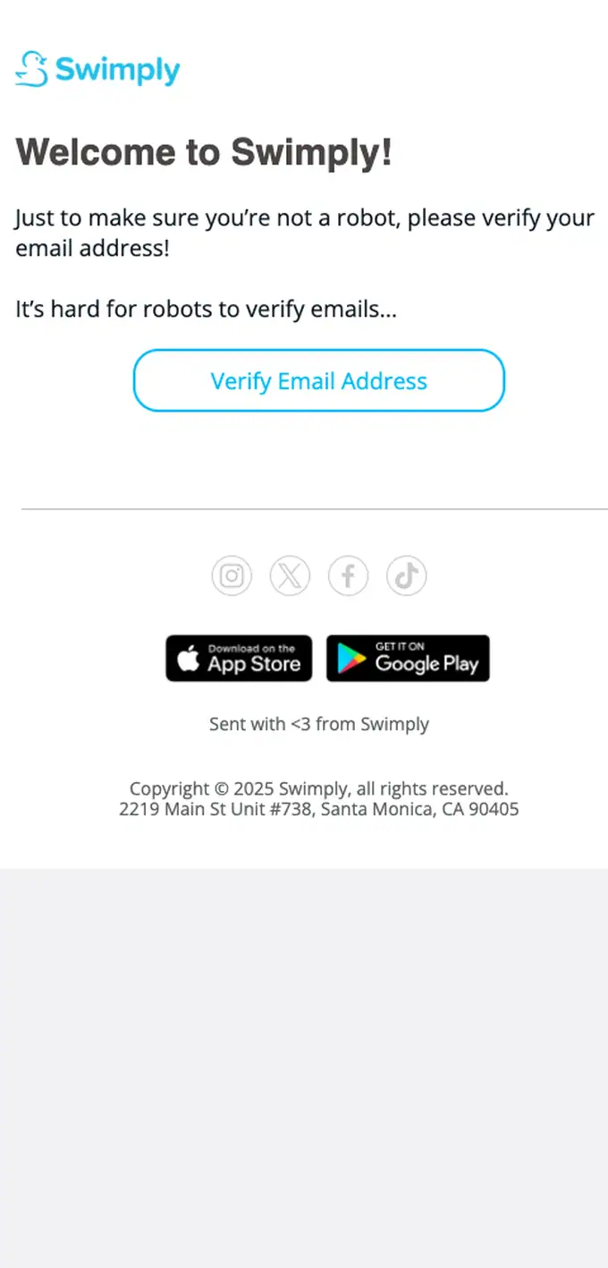 Swimply email verification email, full length
