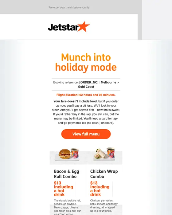 Jetstar order reminder email