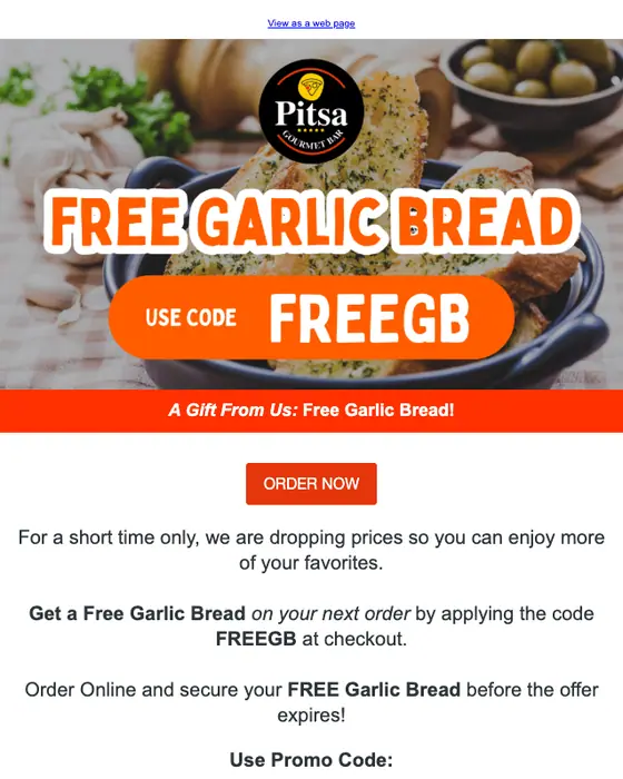 Pitsa Gourmet Bar promotional email: Pitsa Gourmet Bar: Free Garlic Bread Awaits! 🍞