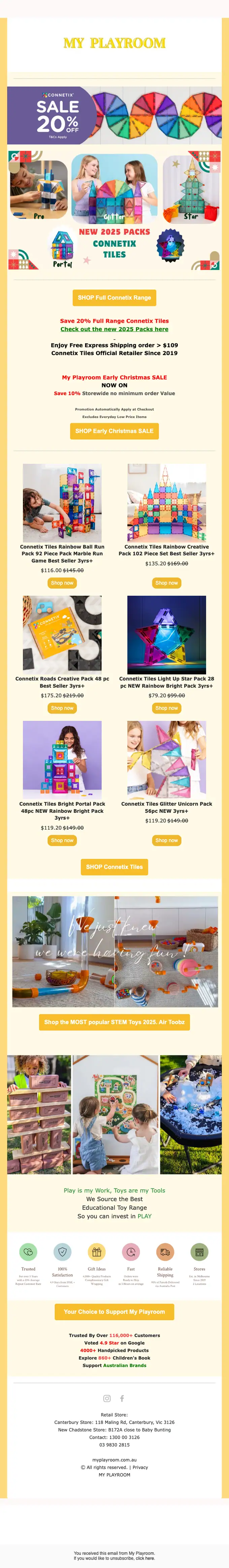 My Playroom sale email, full length