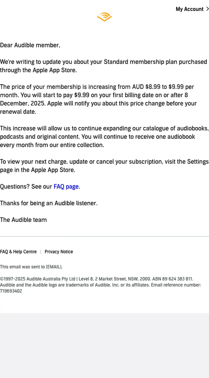 Audible.com.au account notice email, full length