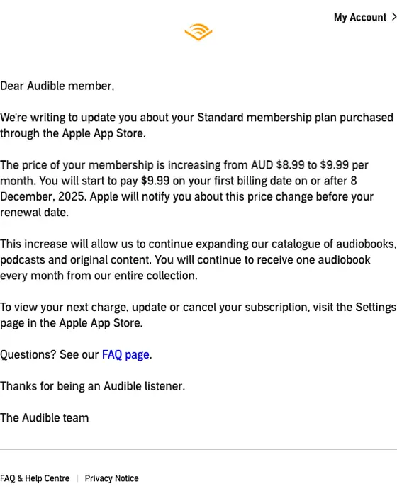 Audible.com.au account notice email
