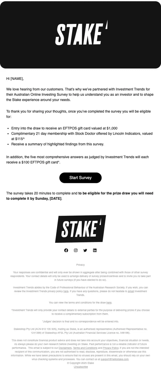 Stake survey email, full length
