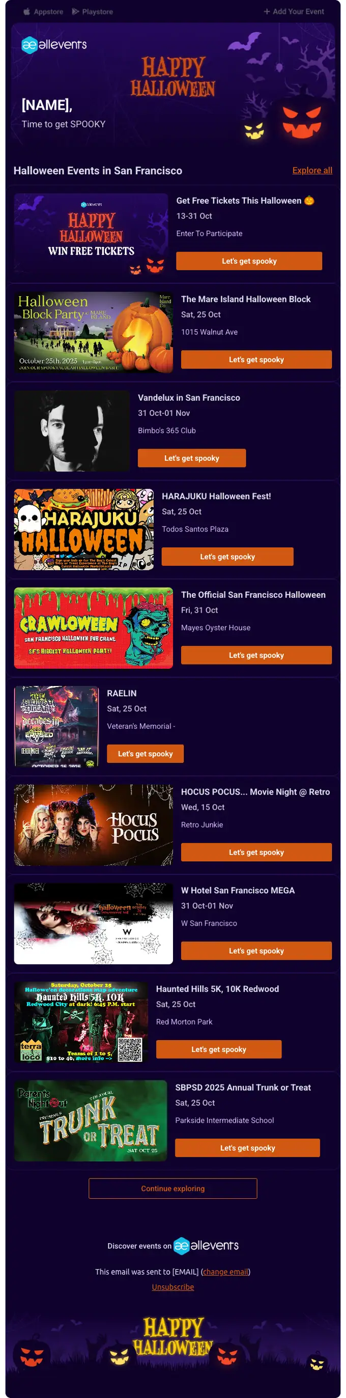 AllEvents promotional email, full length