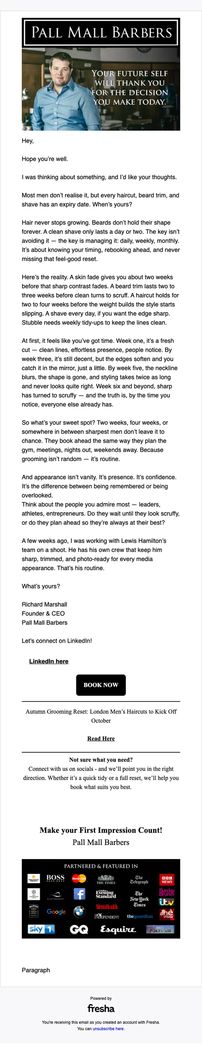 Pall Mall Barbers re engagement email, full length