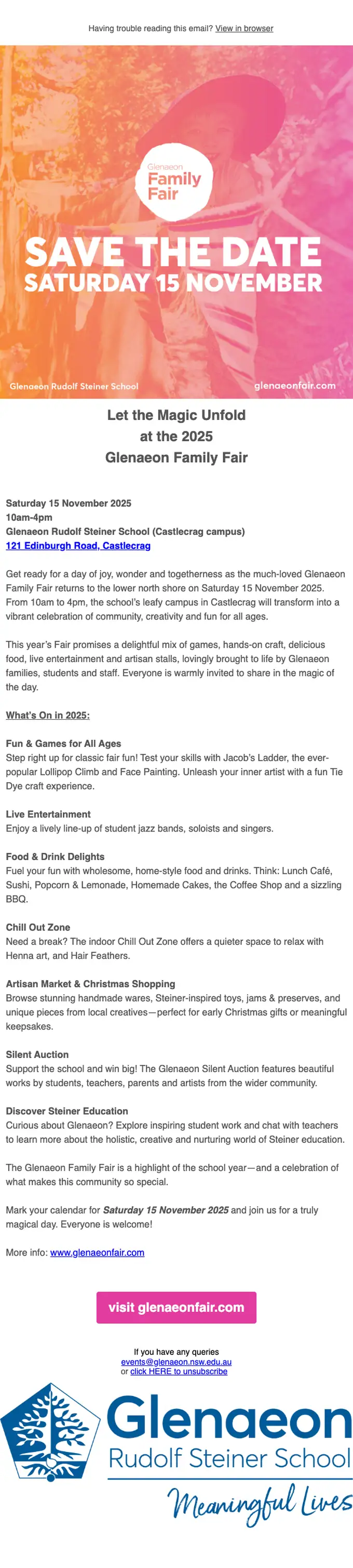 Glenaeon Rudolf Steiner School event invite email, full length