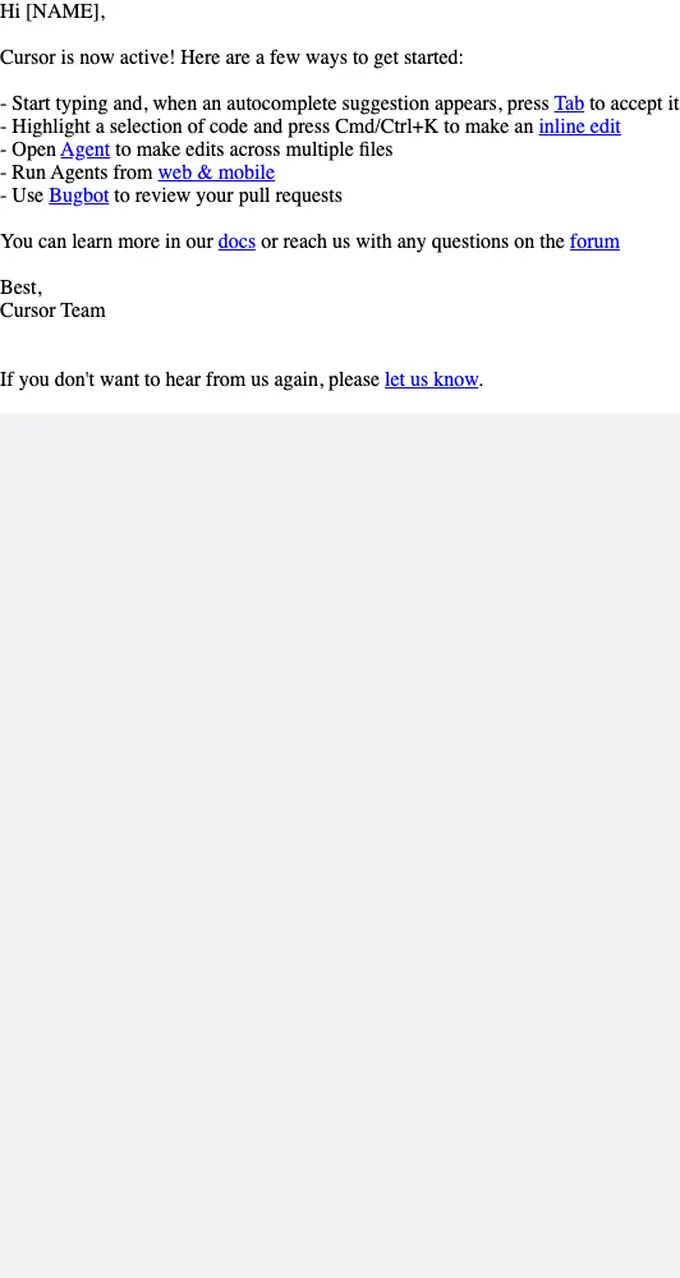 Cursor welcome email, full length