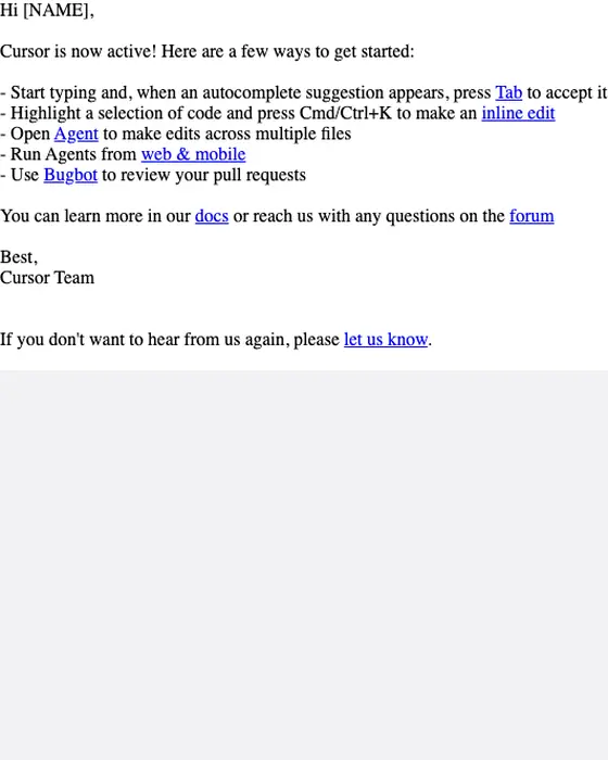 Cursor welcome email