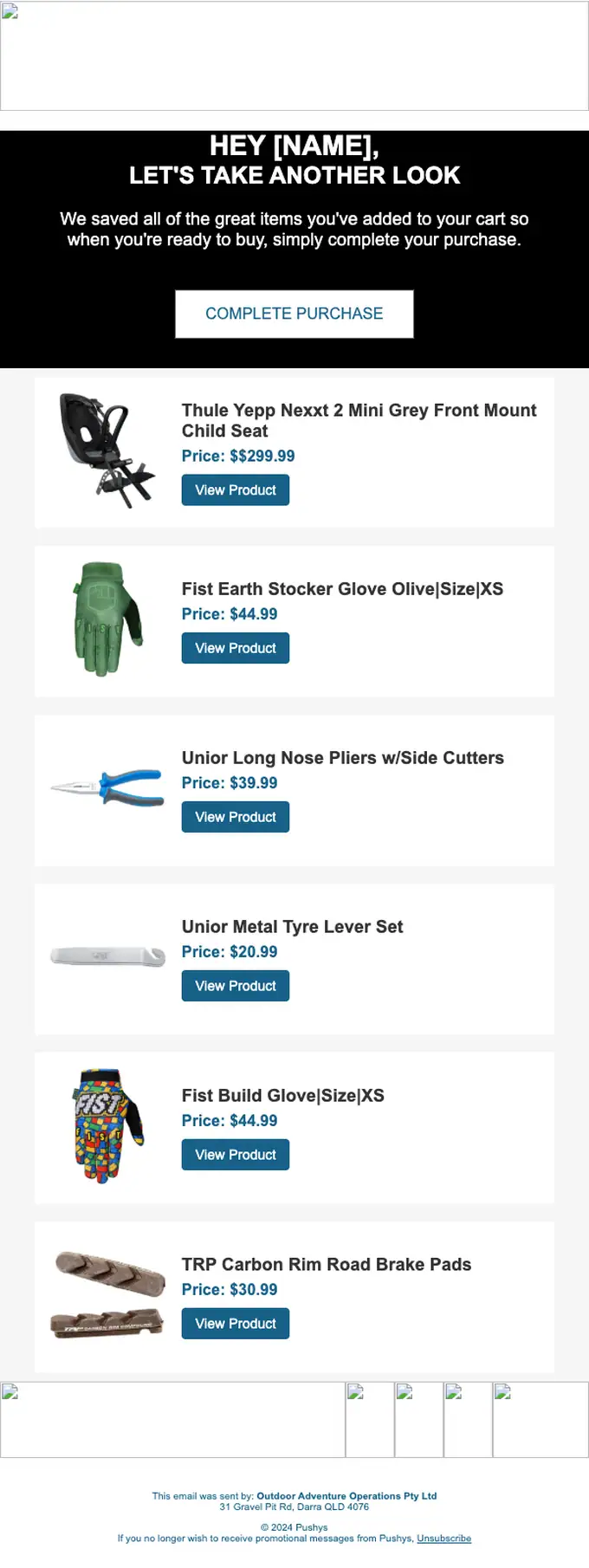 Pushys abandoned cart email, full length