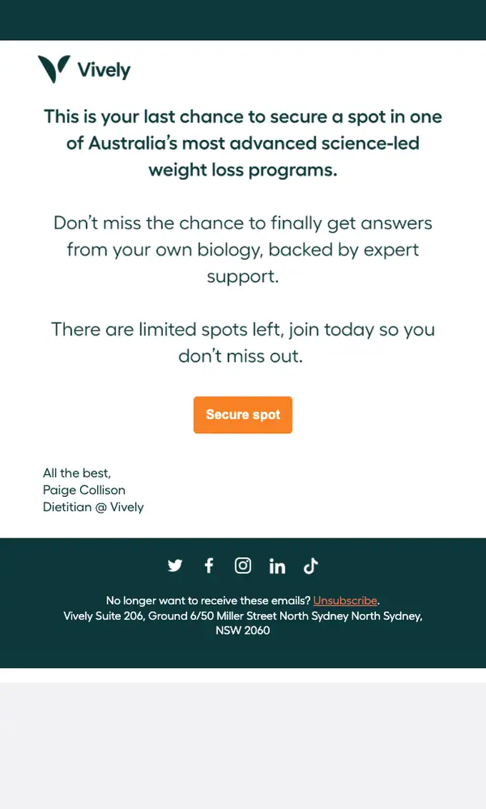 Vively event invite email, full length