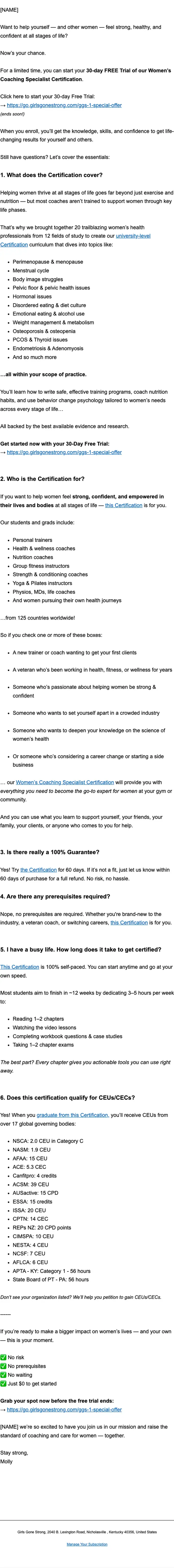 Girls Gone Strong expiration notice email, full length