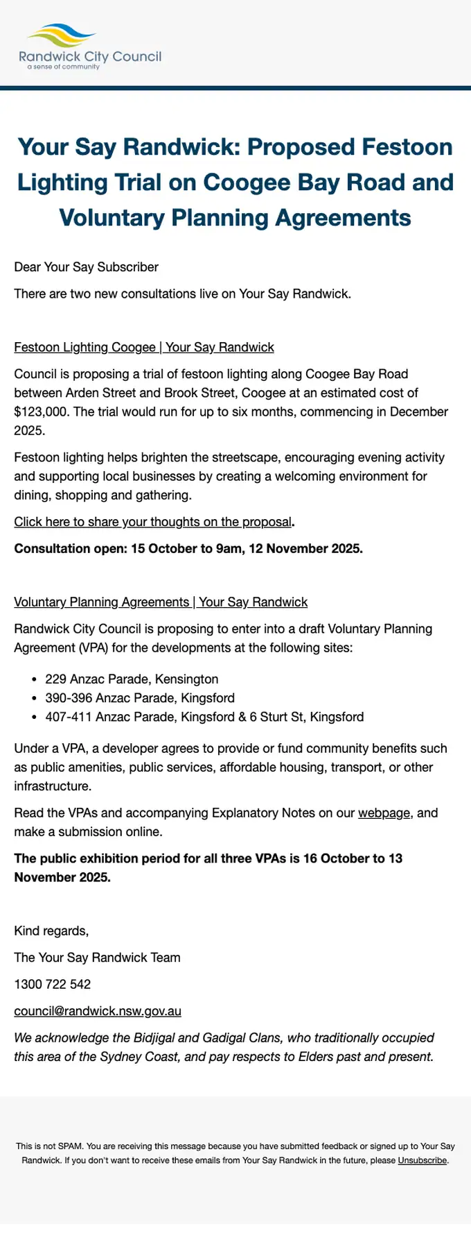 Your Say Randwick newsletter email, full length