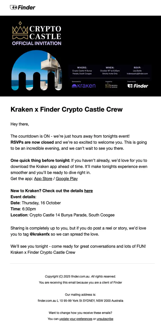 Kraken x Finder event invite email, full length