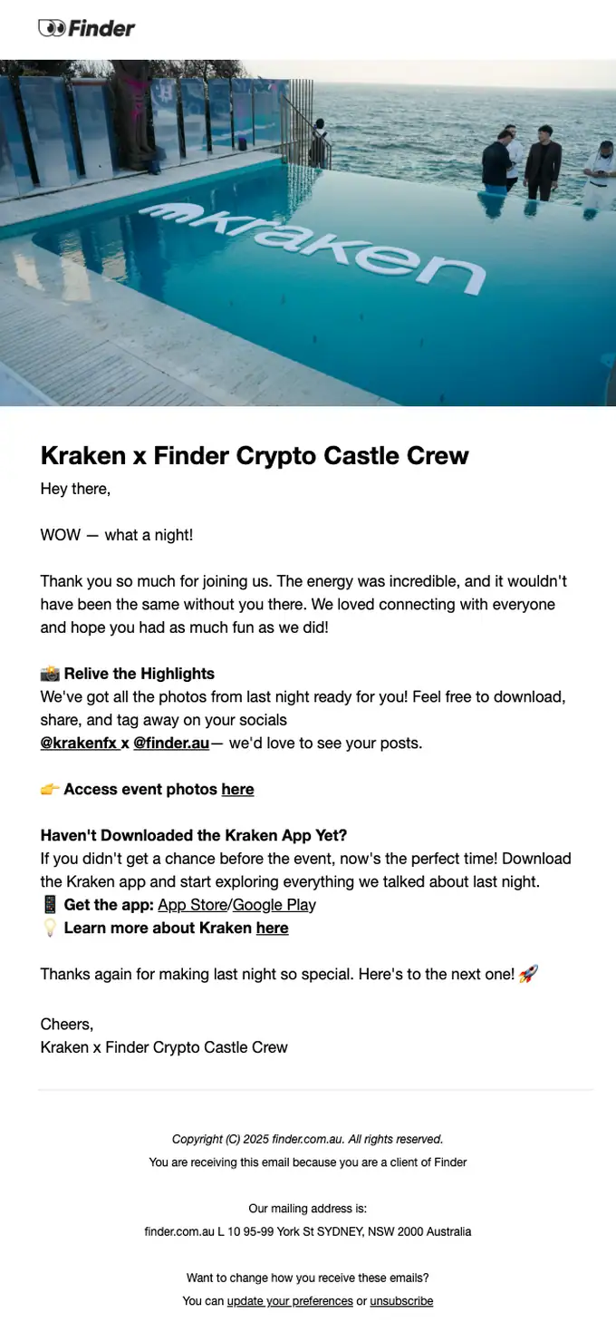 Kraken x Finder thank you email, full length