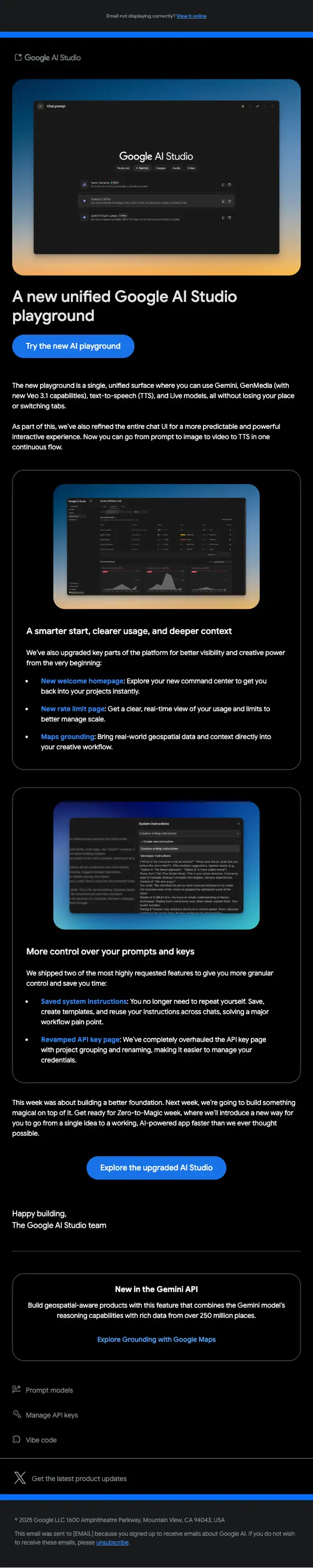 Google AI Studio product launch email, full length