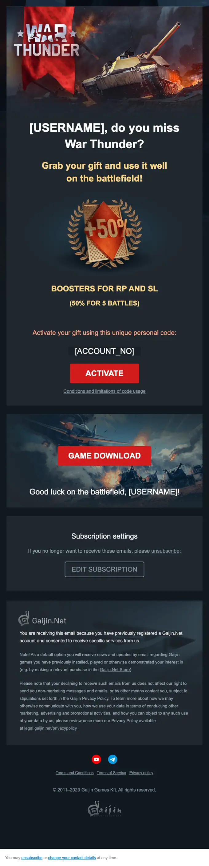 War Thunder re engagement email, full length