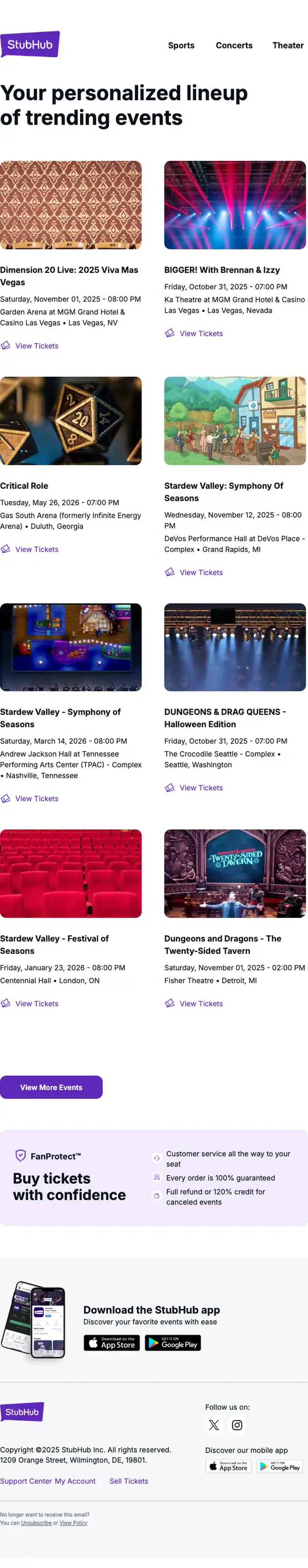 StubHub promotional email, full length