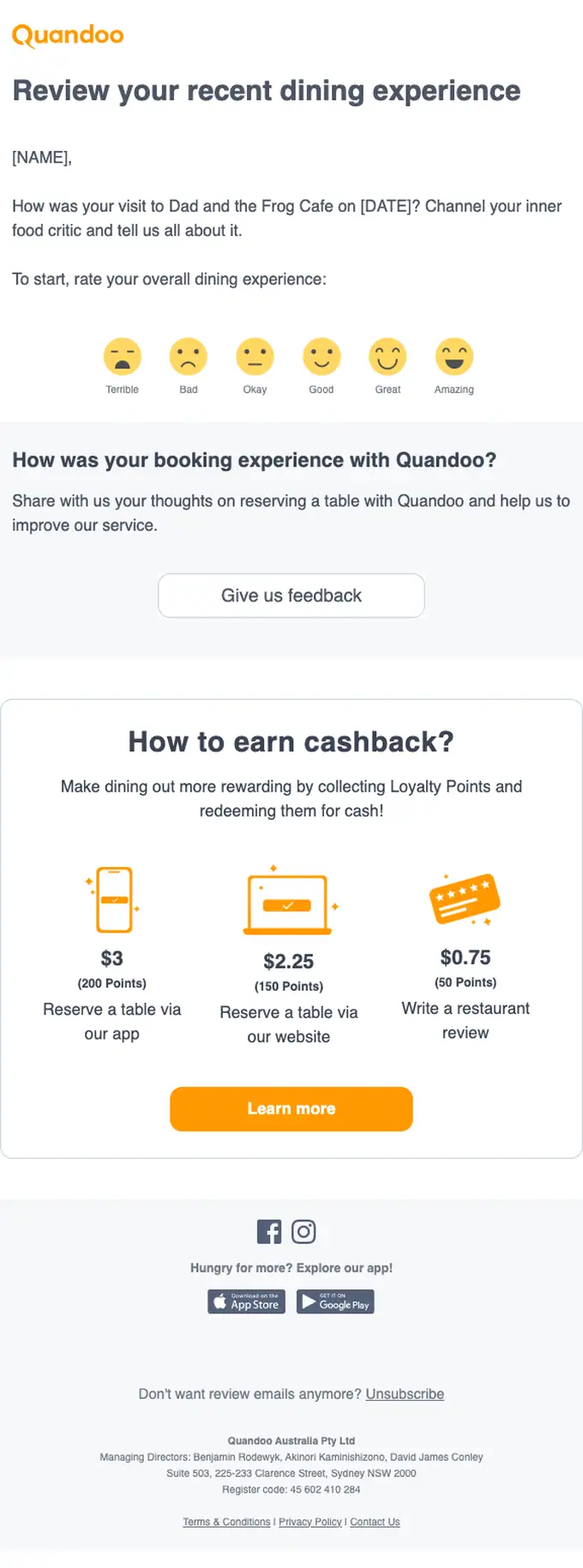 Quandoo survey email, full length