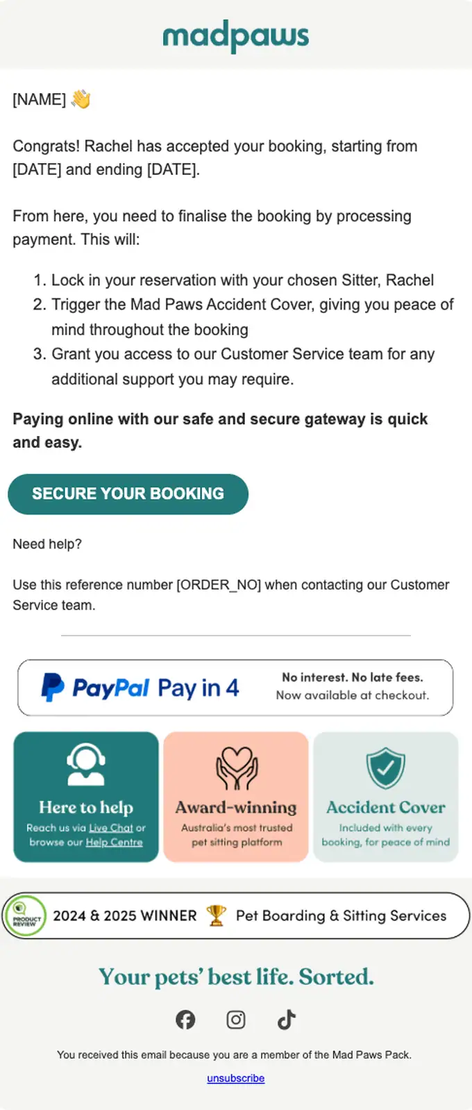 Mad Paws booking confirmation email, full length