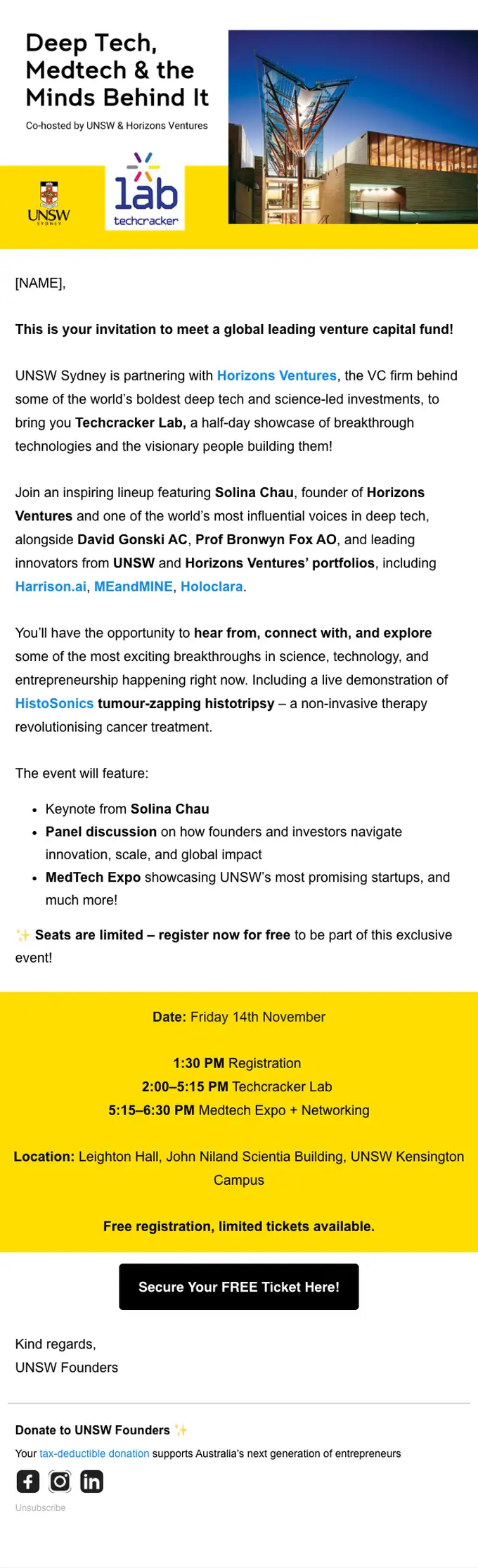 UNSW Founders event invite email, full length
