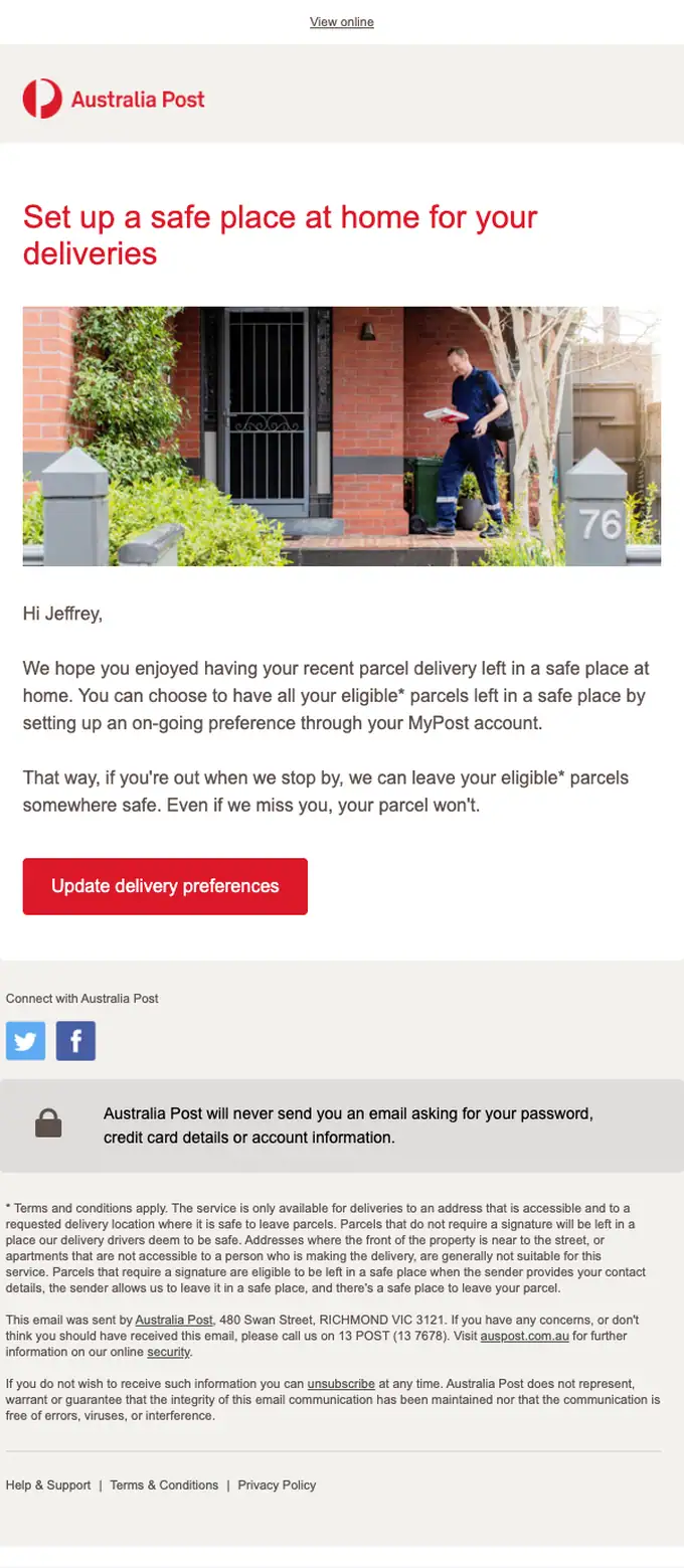 Australia Post account notice email, full length