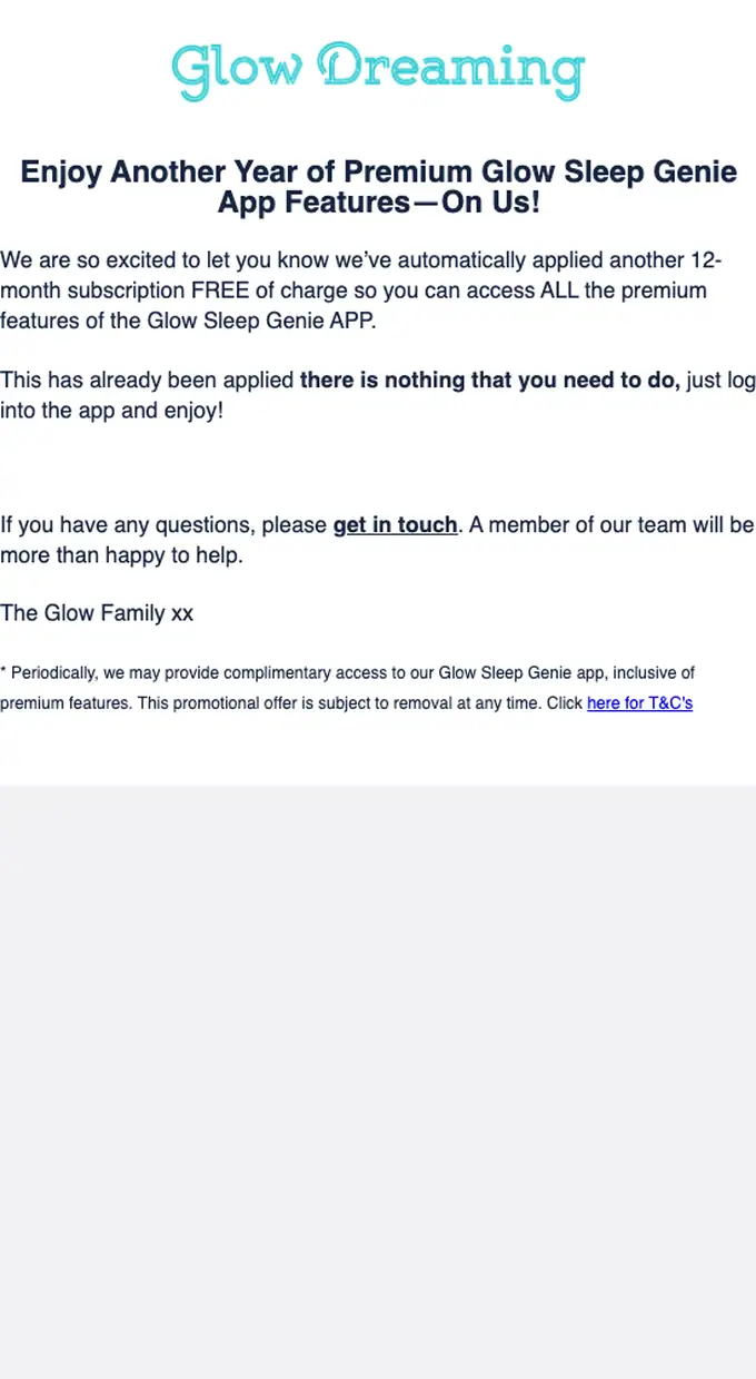 Glow Dreaming subscription email, full length