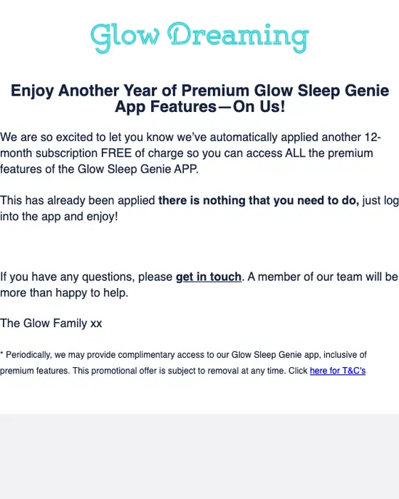 Glow Dreaming subscription email