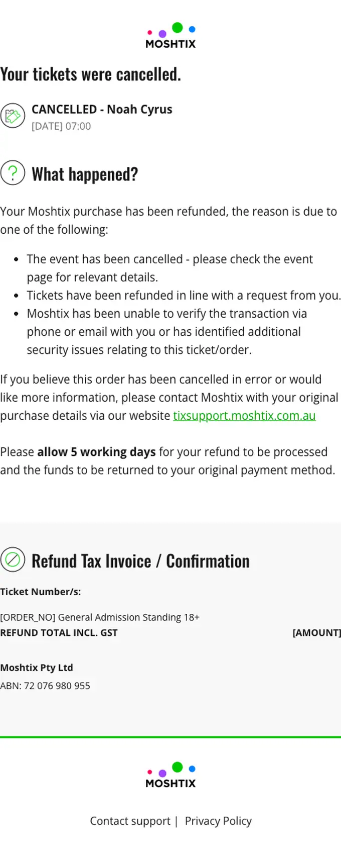 Moshtix refund email, full length