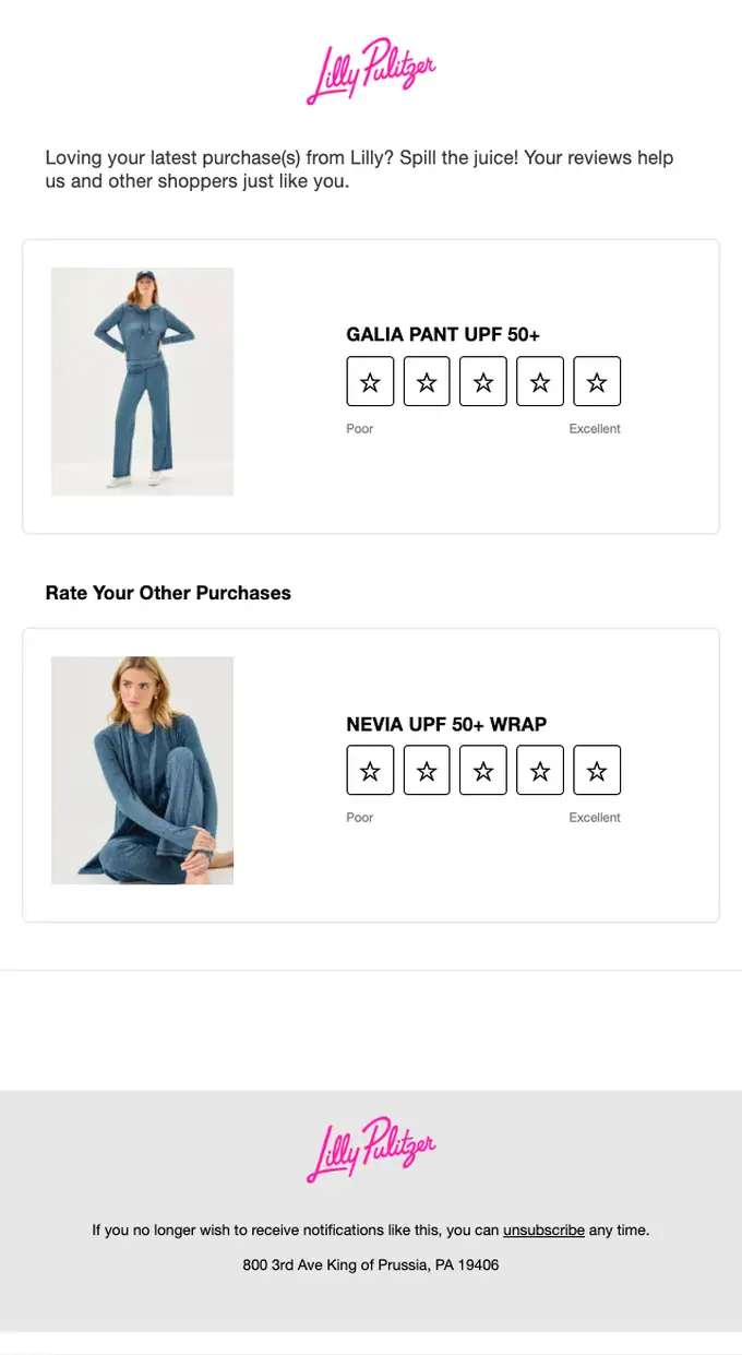 Lilly Pulitzer survey email, full length