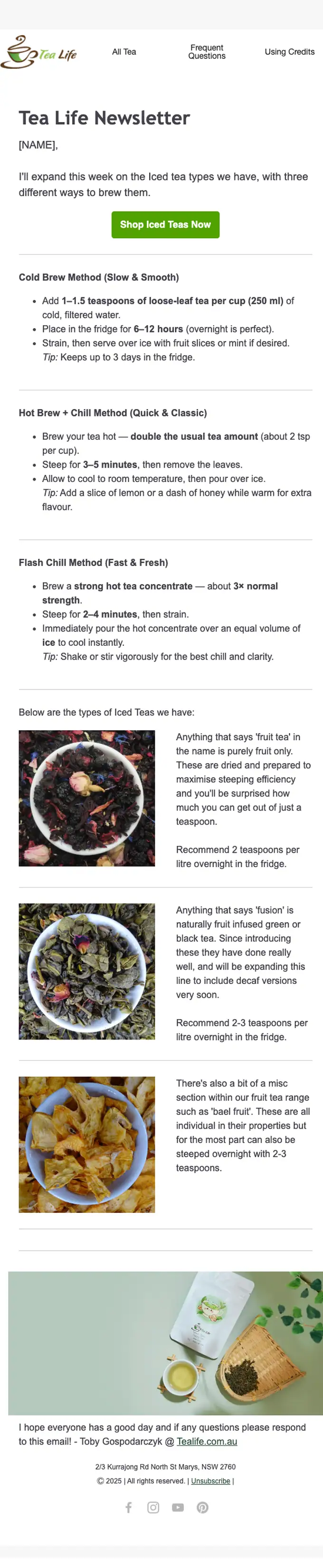 Tea Life newsletter email, full length