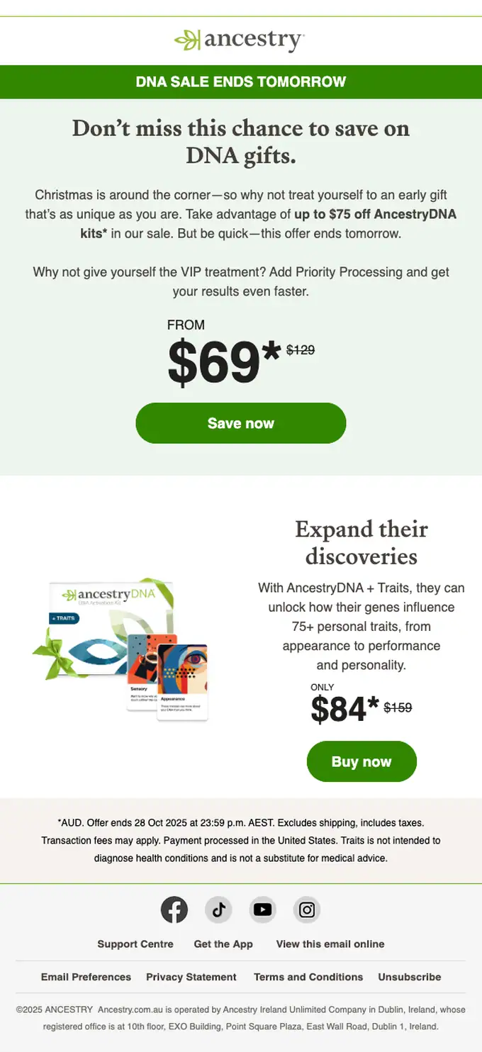 Ancestry promotional email, full length