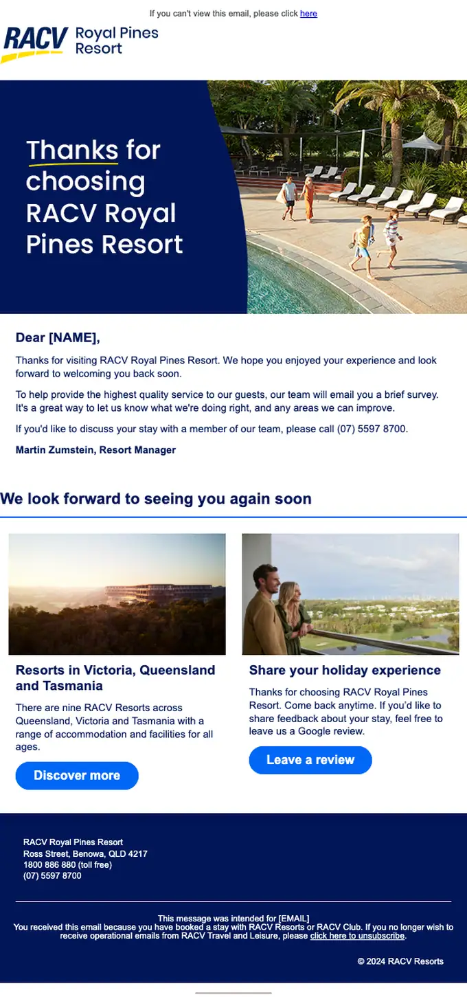 RACV Royal Pines Resort thank you email, full length