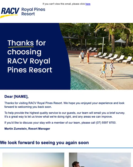 RACV Royal Pines Resort thank you email