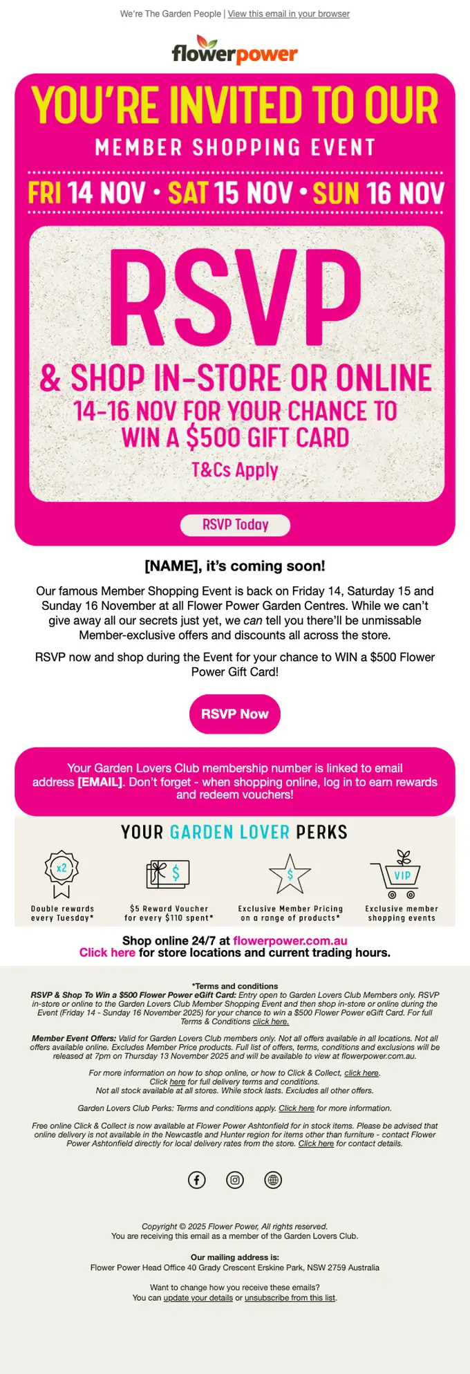 Flower Power event invite email, full length