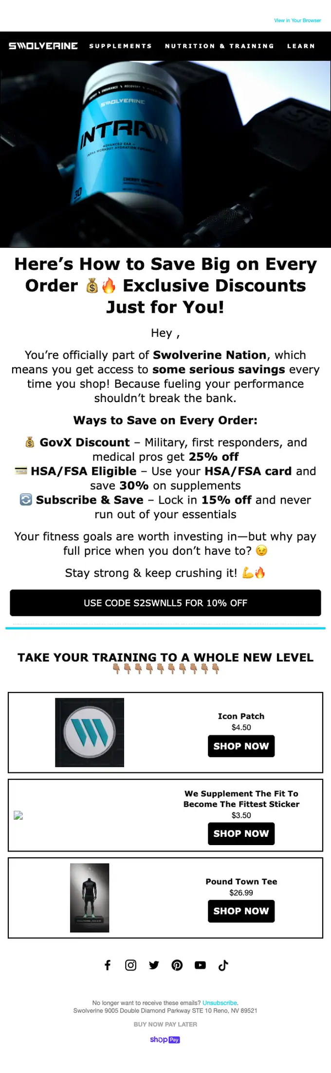 Swolverine promotional email, full length