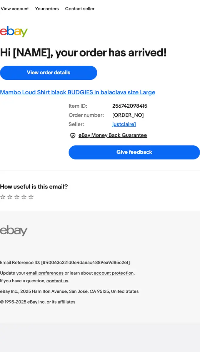eBay delivery email, full length