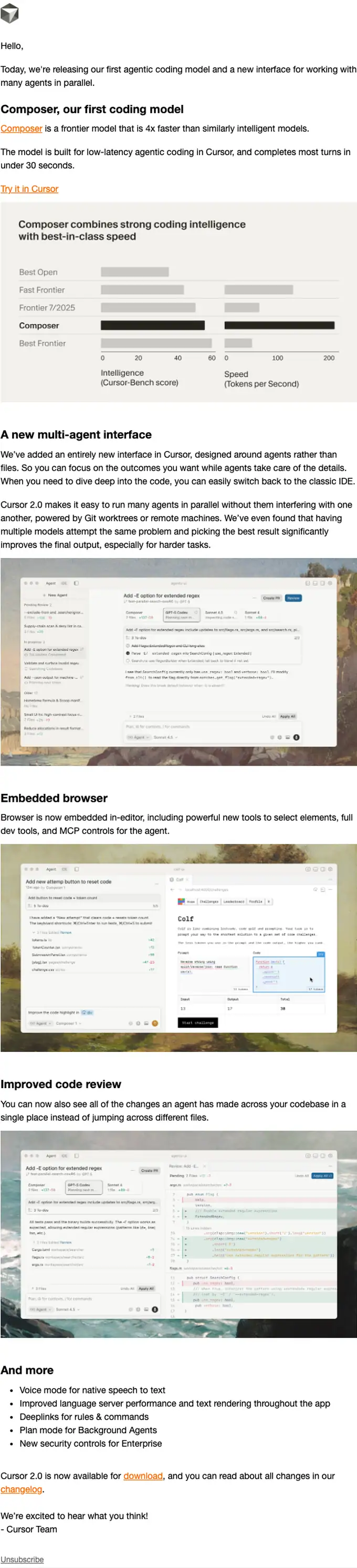 Cursor Team product launch email, full length